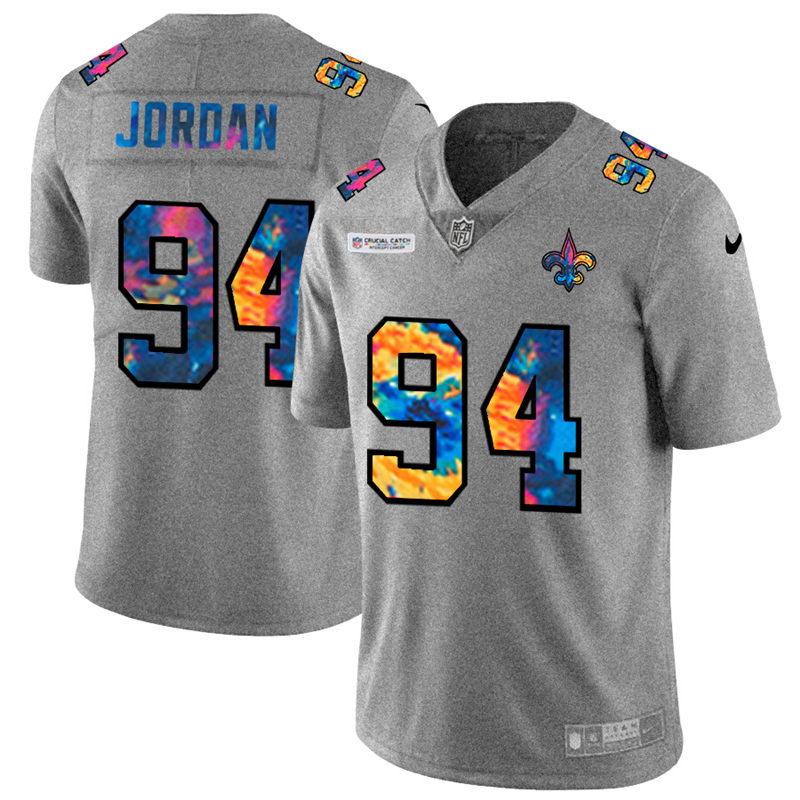 NFL New Orleans Saints #94 Cameron Jordan Men Nike MultiColor 2020  Crucial Catch  Jersey Grey